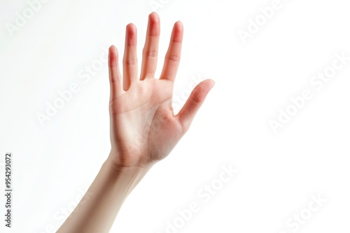 Woman showing hand on white background, closeup , ai