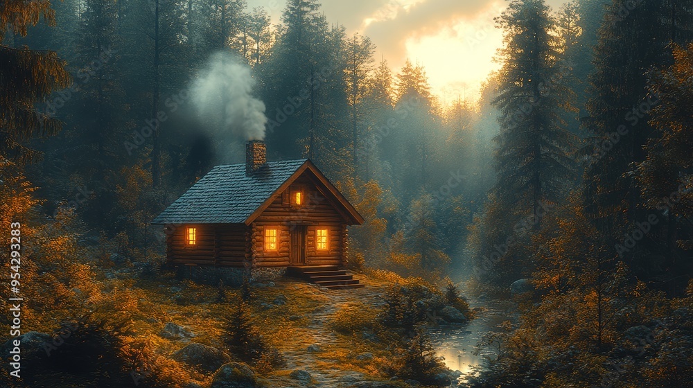 Cozy Cabin in the Woods at Sunset Cozy Cabin in the Woods at Sunset