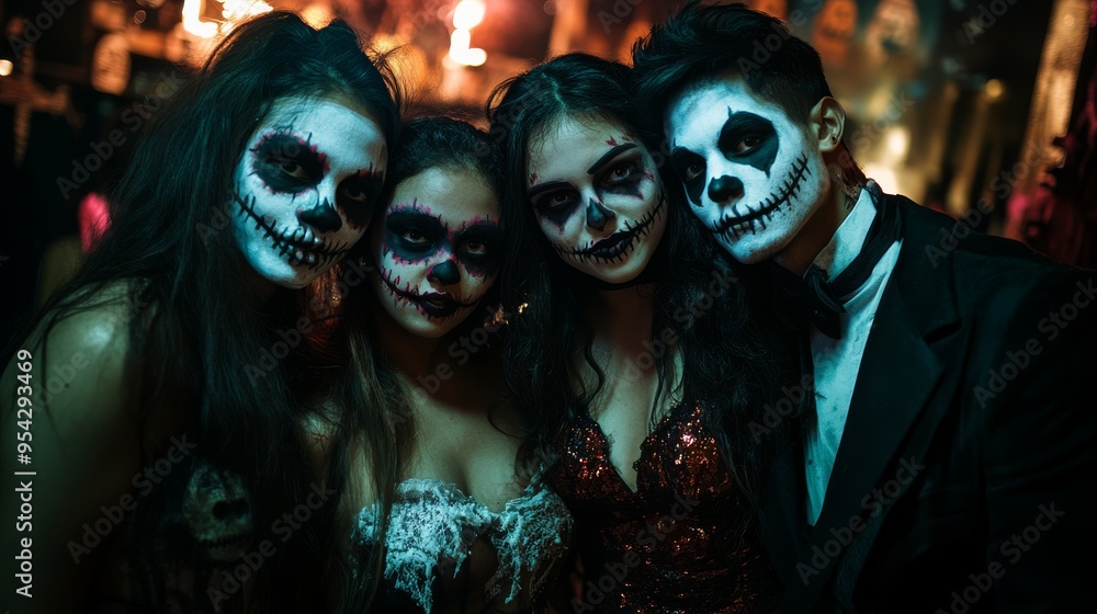 Portrait of friends at a Halloween party, posing together in their creative costumes with a haunted house backdrop. Portrait of friends at a Halloween party, posing together in their creative costumes with a haunted house backdrop.