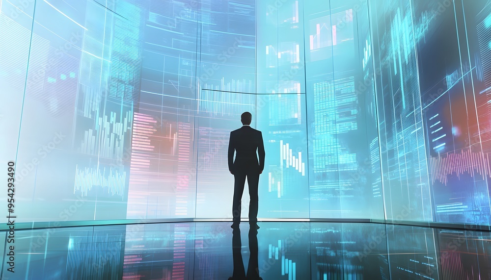 Businessman in a Room Surrounded by Data Screens Businessman in a Room Surrounded by Data Screens
