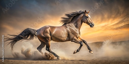 A majestic horse galloping with its head and tail held high in a dusty field photo