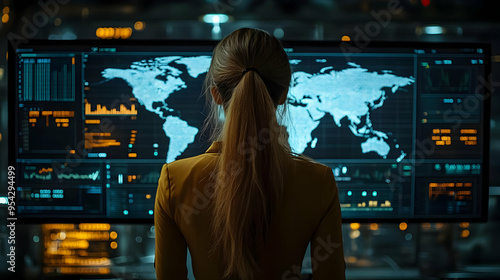 Woman looking at world map ...