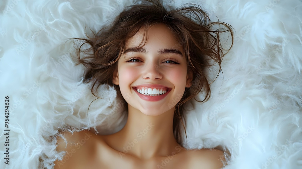 Woman lying on white fluffy surface with a big smile. Woman lying on white fluffy surface with a big smile.