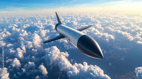 Sleek and aerodynamic, this modern glide bomb soars through clouds, showcasing advanced design and technology.