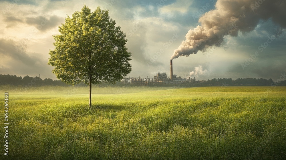 Compare a green tree and meadow with clear air to a factory emitting pollution and its effects on climate change, showing the effects of environmental degradation. Compare a green tree and meadow with clear air to a factory emitting pollution and its effects on climate change, showing the effects of environmental degradation.