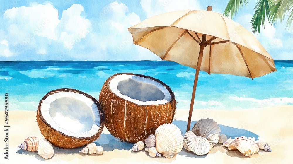 custom made wallpaper toronto digitalTropical beach scene featuring split coconuts, seashells, and a relaxing umbrella under a clear blue sky.