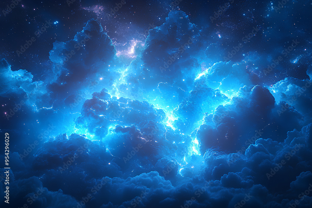 Obraz premium Blue lightning strikes black background, neon, Abstract blue lightning strikes fantasy background