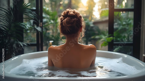 Woman relaxing in a bubble ...
