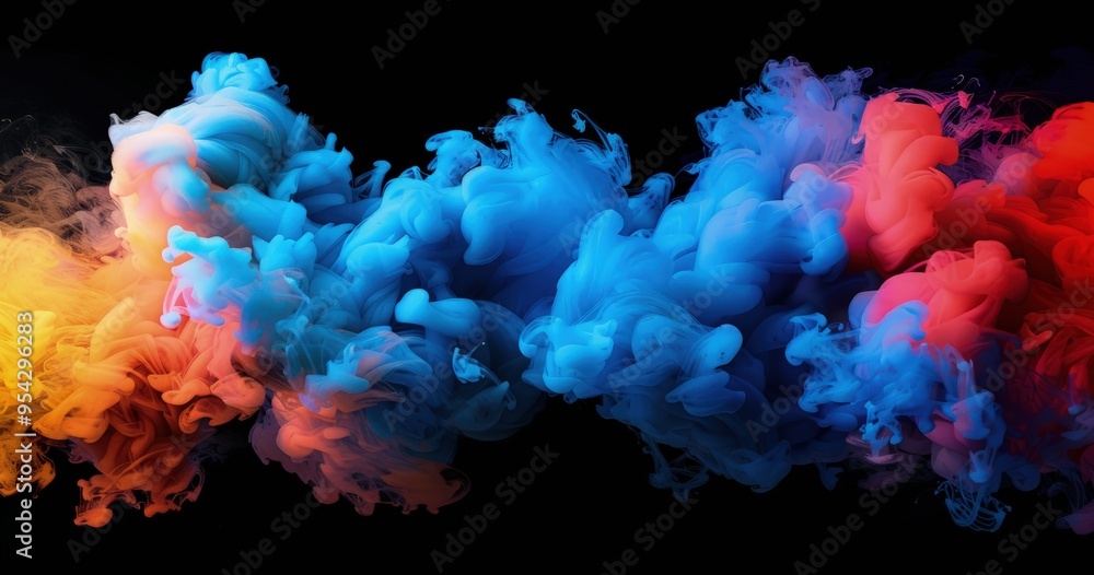 A vibrant display of colorful smoke swirling against a dark background. A vibrant display of colorful smoke swirling against a dark background.