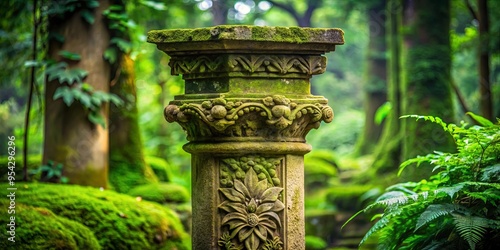 Ancient stone column surrounded by lush greenery with intricate carvings and moss covered capitals photo