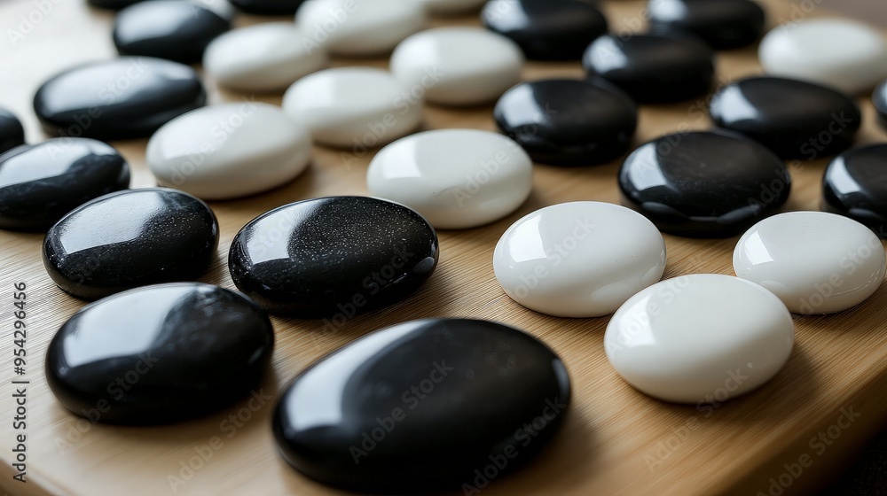Go Game with Black and White Stones on a Wooden Board Go Game with Black and White Stones on a Wooden Board