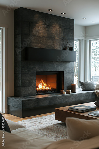 Modern fireplace with black tiles and a wooden coffee table in a living room with large windows.