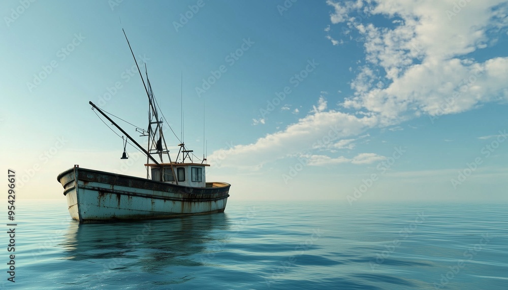Obraz premium Commercial company fishing ship in ocean professional fisherman and blue sky