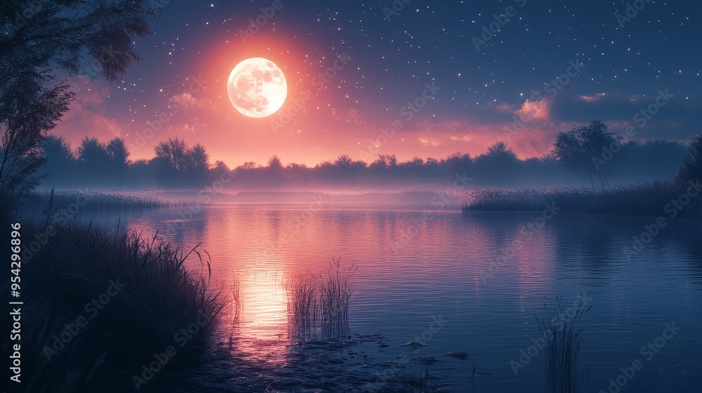 Fototapeta premium Tranquil Lake Under Full Moon and Starry Night Sky