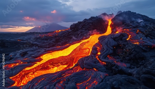 A stunning volcano landscape with flowing lava under a dramatic sunset sky, showcasing nature's raw power and beauty.