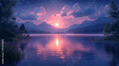 Peaceful Sunset Over Mountain Lake with Stars and Clouds