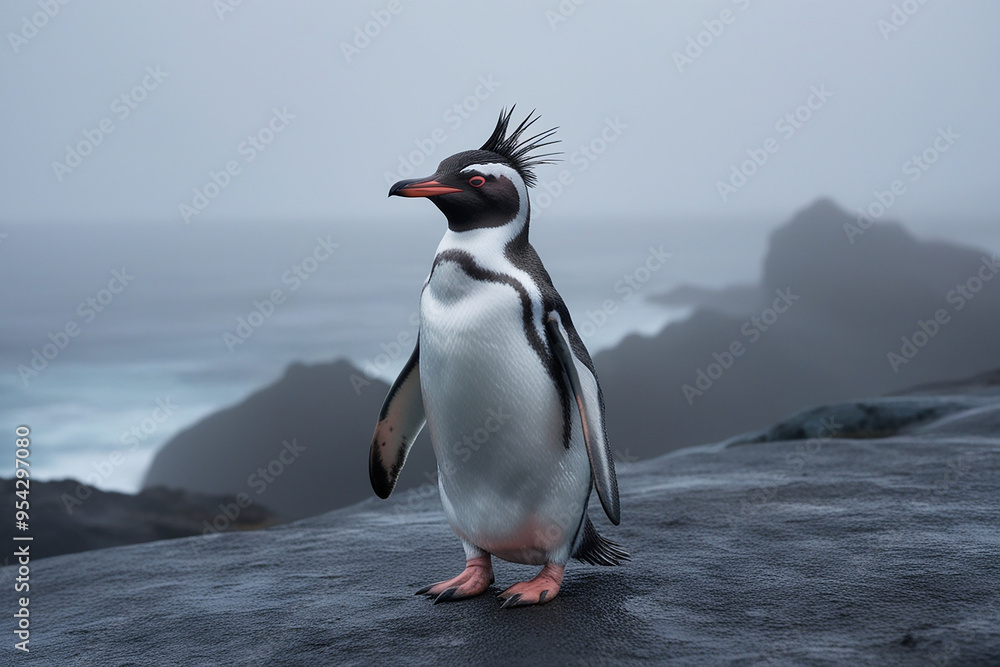 Fototapeta premium A solitary rockshopper penguin stands proudly on rock