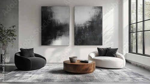 Modern living room interior with two round armchairs, a wooden coffee table, and two abstract paintings on the wall.