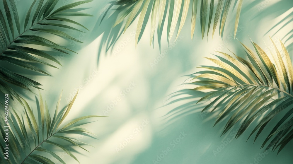 Palm Leaves and Shadows on a Green Background Palm Leaves and Shadows on a Green Background