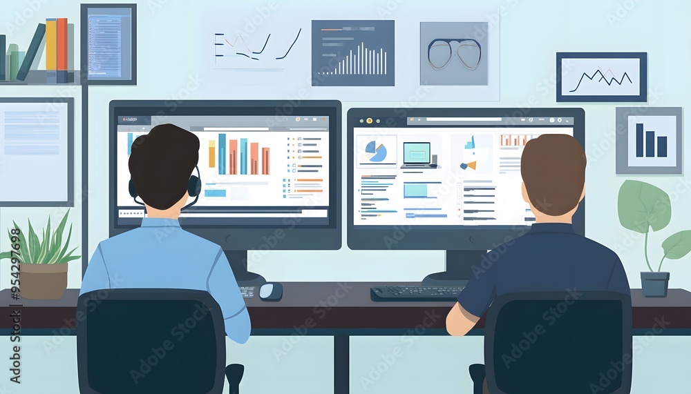 Two Men Working on Computers at Office Desks Two Men Working on Computers at Office Desks