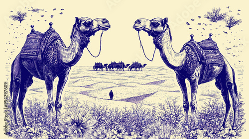 Intricate Vintage Camel Caravan Illustration in Desert Landscape, Detailed Symmetrical Design with Middle Eastern Influence