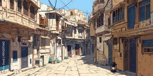 Abandoned Middle Eastern Alley with Crumbling Buildings, Detailed Urban Decay Illustration of Old Desert Town Street