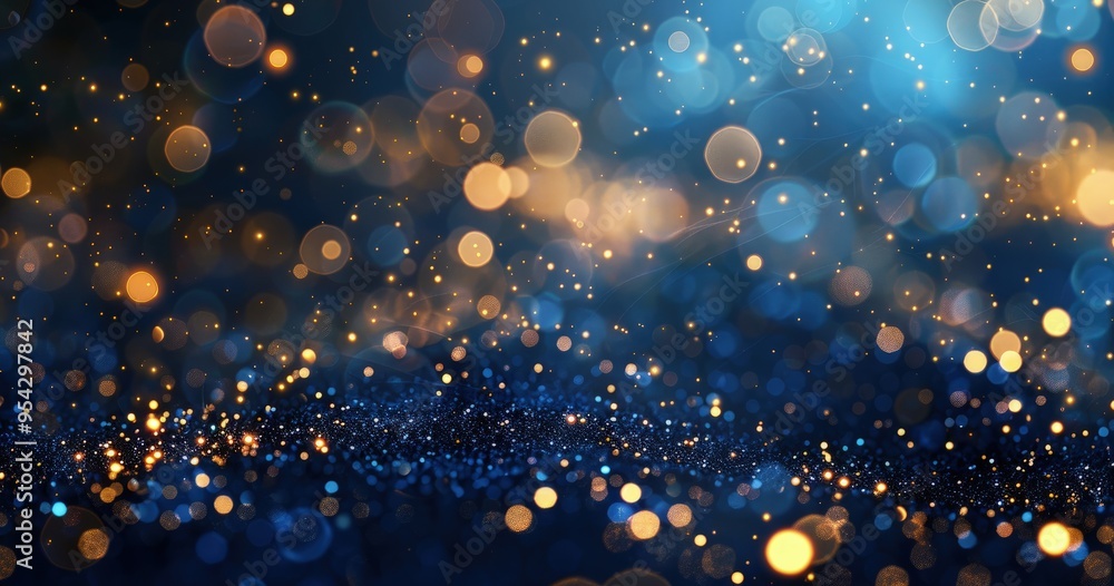 A shimmering abstract background with soft bokeh lights in blue and gold hues. A shimmering abstract background with soft bokeh lights in blue and gold hues.