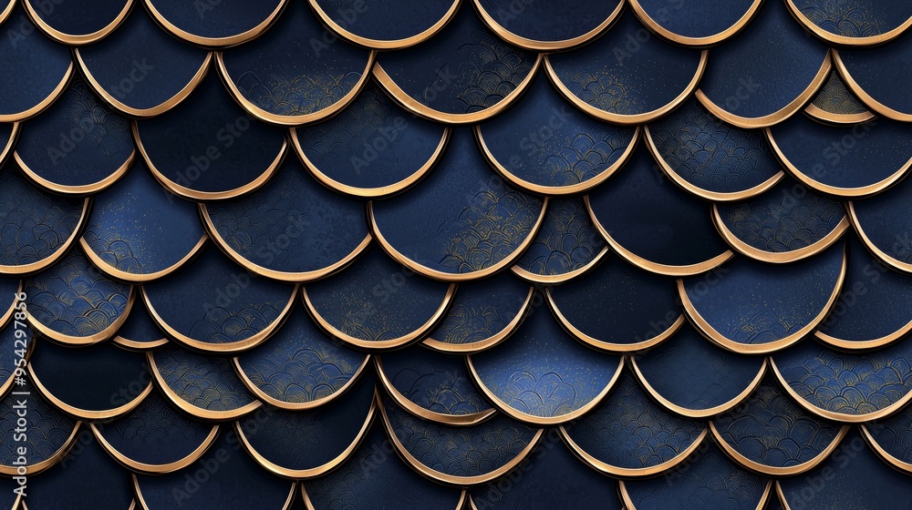 A seamless pattern of traditional Thai fish scale designs in metallic gold and deep blue hues A seamless pattern of traditional Thai fish scale designs in metallic gold and deep blue hues