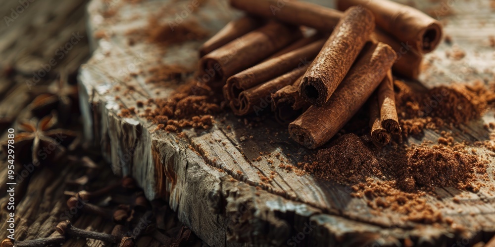 Aromatic cinnamon on a wooden surface