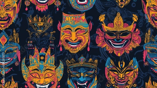 A seamless pattern of Thai traditional mask designs from classical dance, with vibrant colors and detailed features