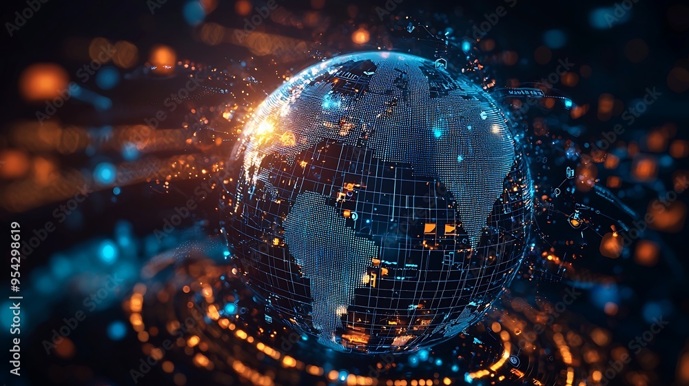 A digital earth glows with network technology, its lines and data connecting the world. A digital earth glows with network technology, its lines and data connecting the world.