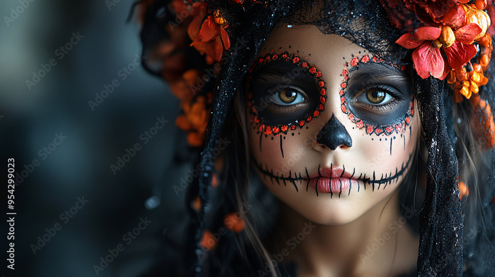 A child with Halloween make-up on a dark background, ready for trick or treat or Halloween celebration. A child with Halloween make-up on a dark background, ready for trick or treat or Halloween celebration.