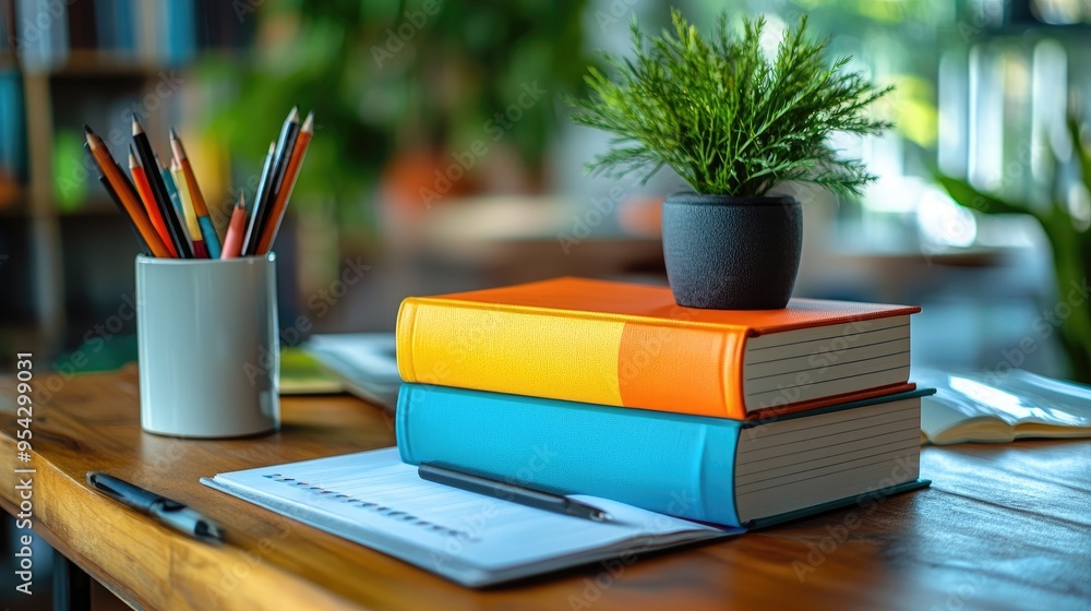 Colorful Stacked Books on Wooden Desk with Potted Plant and Stationery in Study Environment