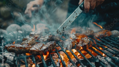 Delicious barbecue grilled meat with knife. AI generated images
