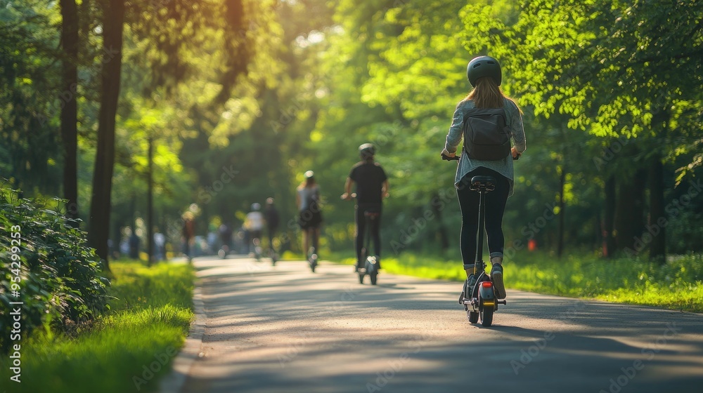 People Riding Electric Scooters on a Scenic Tree-Lined Path in a Sunny Park People Riding Electric Scooters on a Scenic Tree-Lined Path in a Sunny Park