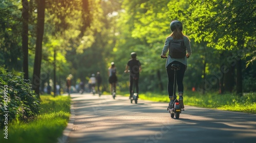 Wallpaper Mural People Riding Electric Scooters on a Scenic Tree-Lined Path in a Sunny Park Torontodigital.ca