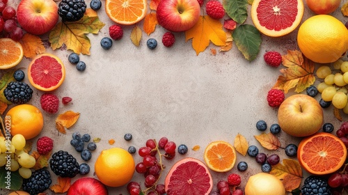 Fresh Fruits and Autumn Leaves Arranged Around an Empty Center photo