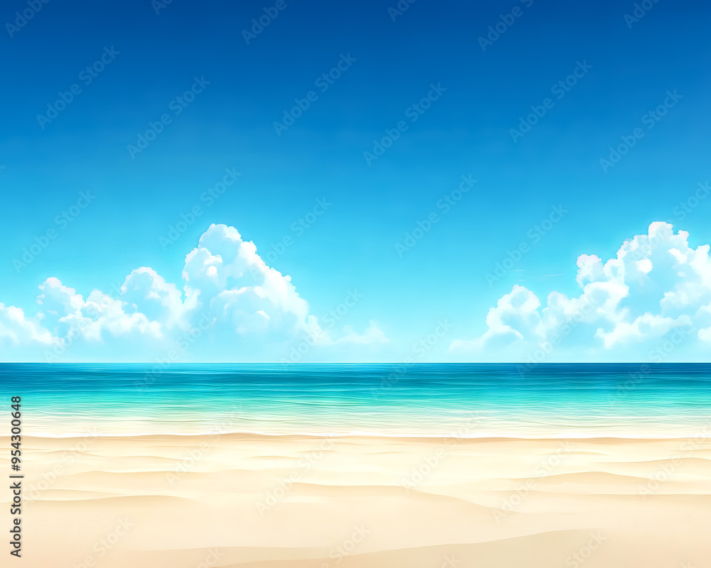 Serene beach with golden sand, blue ocean waves, and fluffy clouds under a clear sky, perfect for a tranquil summer getaway. Serene beach with golden sand, blue ocean waves, and fluffy clouds under a clear sky, perfect for a tranquil summer getaway.