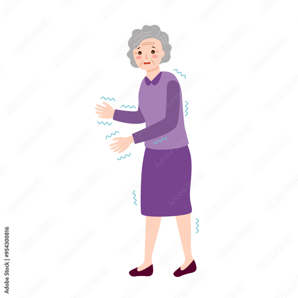 Elderly woman with trembling symptoms of Parkinson's, cold or fear. Elderly woman with trembling symptoms of Parkinson's, cold or fear.