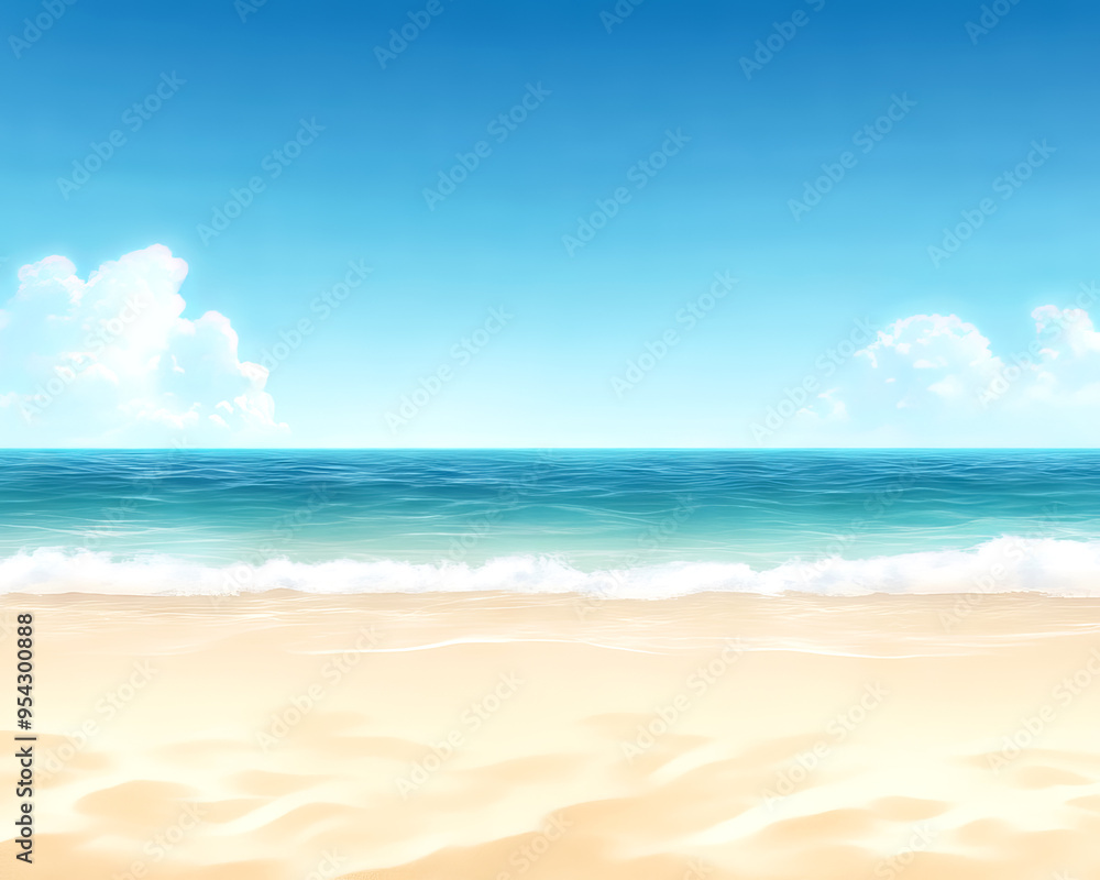 Fototapeta premium Tranquil beach scene with golden sand and clear blue ocean under a sunny sky with fluffy clouds, perfect for a peaceful summertime getaway.