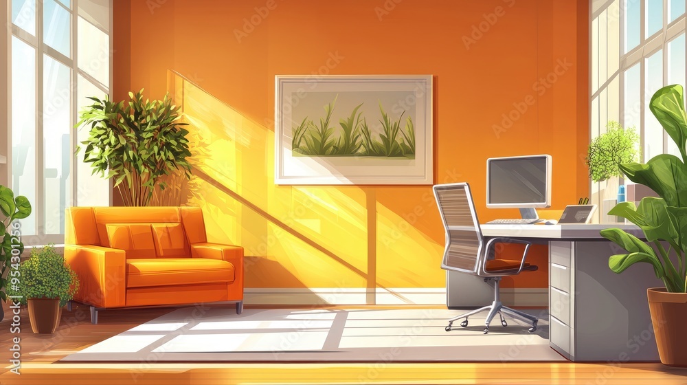 Fototapeta premium Sunlit Modern Office Space with Orange Accents for Productivity and Comfort