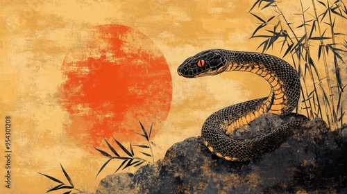 Oriental Serpent with Bamboo and Large Red Sun in Traditional Japanese Art Style Digital Painting photo