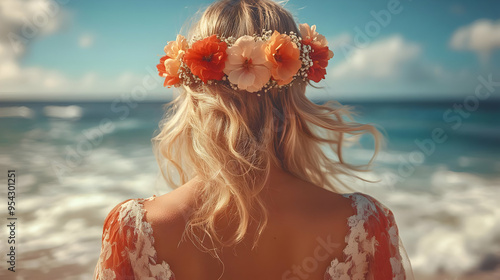 Woman with flower crown loo...