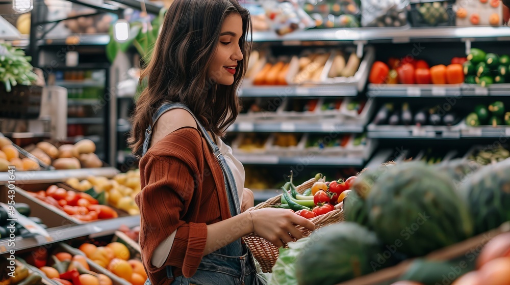 Young woman selecting fresh salad ingredients with basket at vibrant food market Young woman selecting fresh salad ingredients with basket at vibrant food market