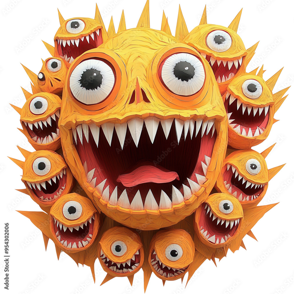 A whimsical, vibrant illustration of a monster face with sharp teeth, multiple eyes, and a happy expression, perfect for playful designs. A whimsical, vibrant illustration of a monster face with sharp teeth, multiple eyes, and a happy expression, perfect for playful designs.