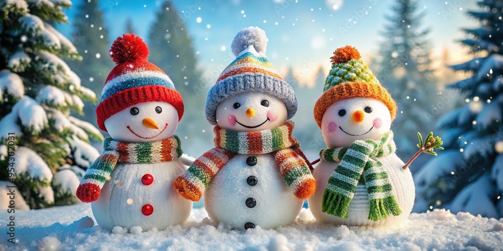 Adorable trio of snowmen, varying in size, stand together amidst winter wonderland scenery, adorned with scarves, hats, and carrot noses, exuding festive cheer. Adorable trio of snowmen, varying in size, stand together amidst winter wonderland scenery, adorned with scarves, hats, and carrot noses, exuding festive cheer.