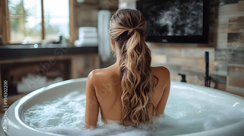 Woman with long hair relaxi...