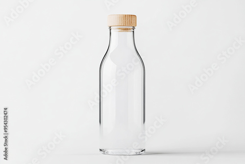 A simple glass bottle with wooden cap, showcasing minimalistic design. Perfect for modern aesthetics.