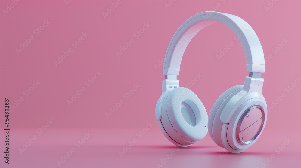 Stylish unbranded white headphone device set against a soft pink backdrop for modern aesthetics Stylish unbranded white headphone device set against a soft pink backdrop for modern aesthetics