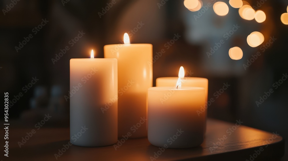 Four lit candles create a warm and inviting ambiance, perfect for relaxation and cozy settings during evening gatherings. Four lit candles create a warm and inviting ambiance, perfect for relaxation and cozy settings during evening gatherings.